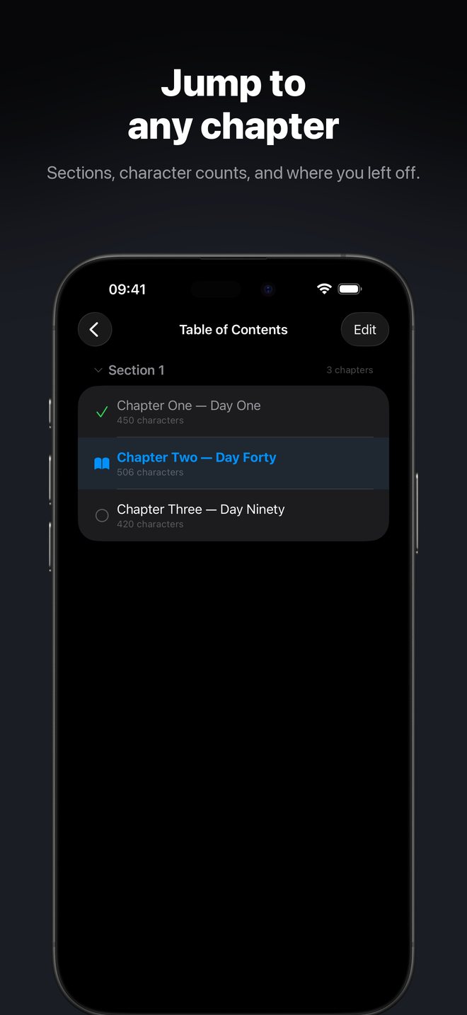 App Store screenshot: Jump to any chapter. The table of contents with character counts.