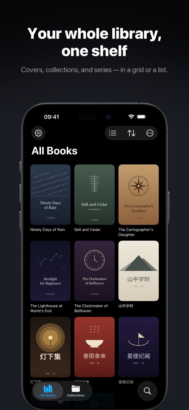 App Store screenshot: Your whole library, one shelf. The library shows book covers in a grid.