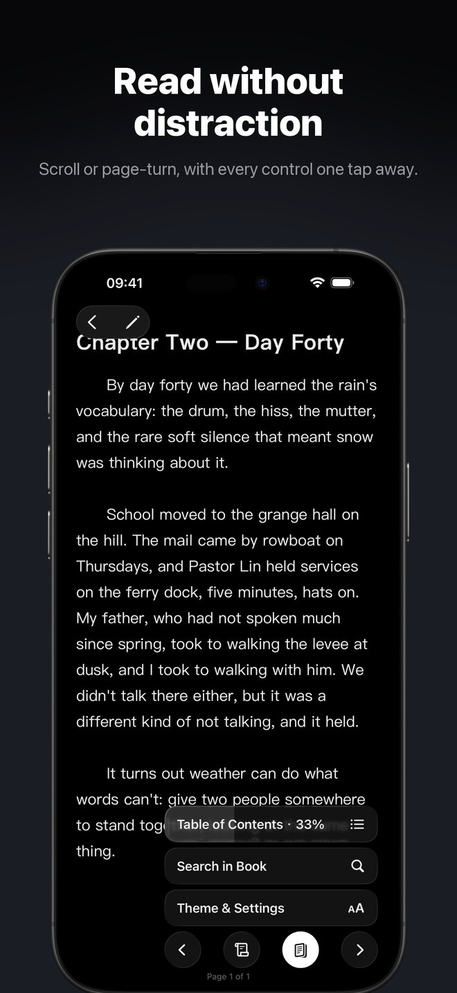 App Store screenshot: Read without distraction. A chapter open in the reader with its controls.
