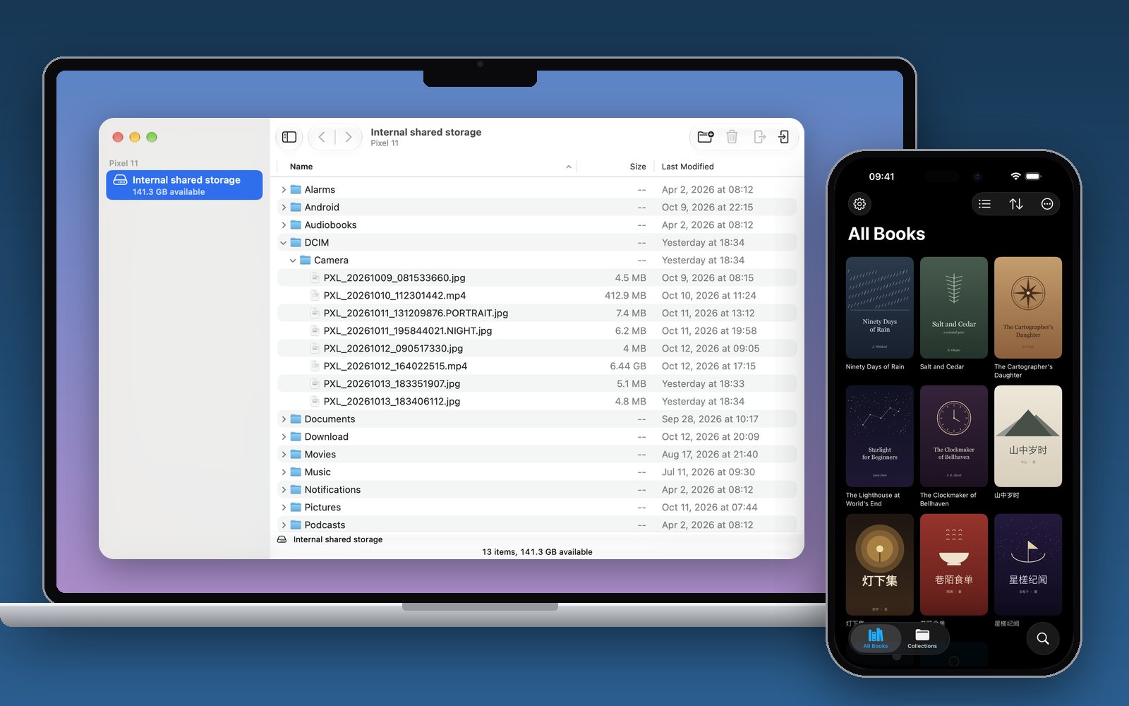 File Transfer for Android on a MacBook next to Novel Manager on an iPhone.